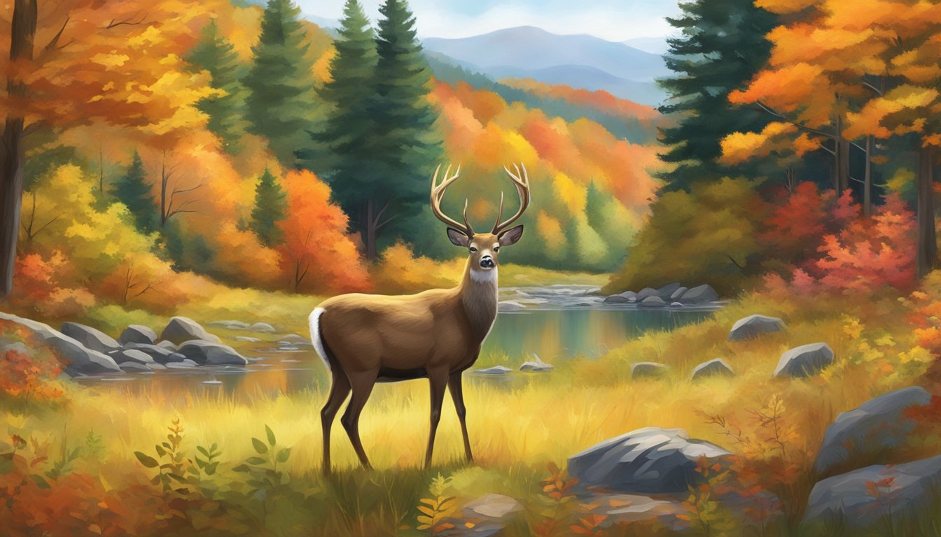 A deer peacefully grazing in a lush Vermont forest, surrounded by vibrant autumn foliage and the sounds of nature