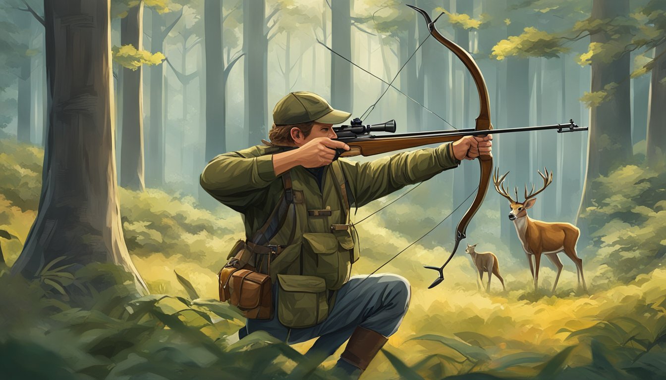 A hunter drawing a bow, aiming at a deer in a forest clearing