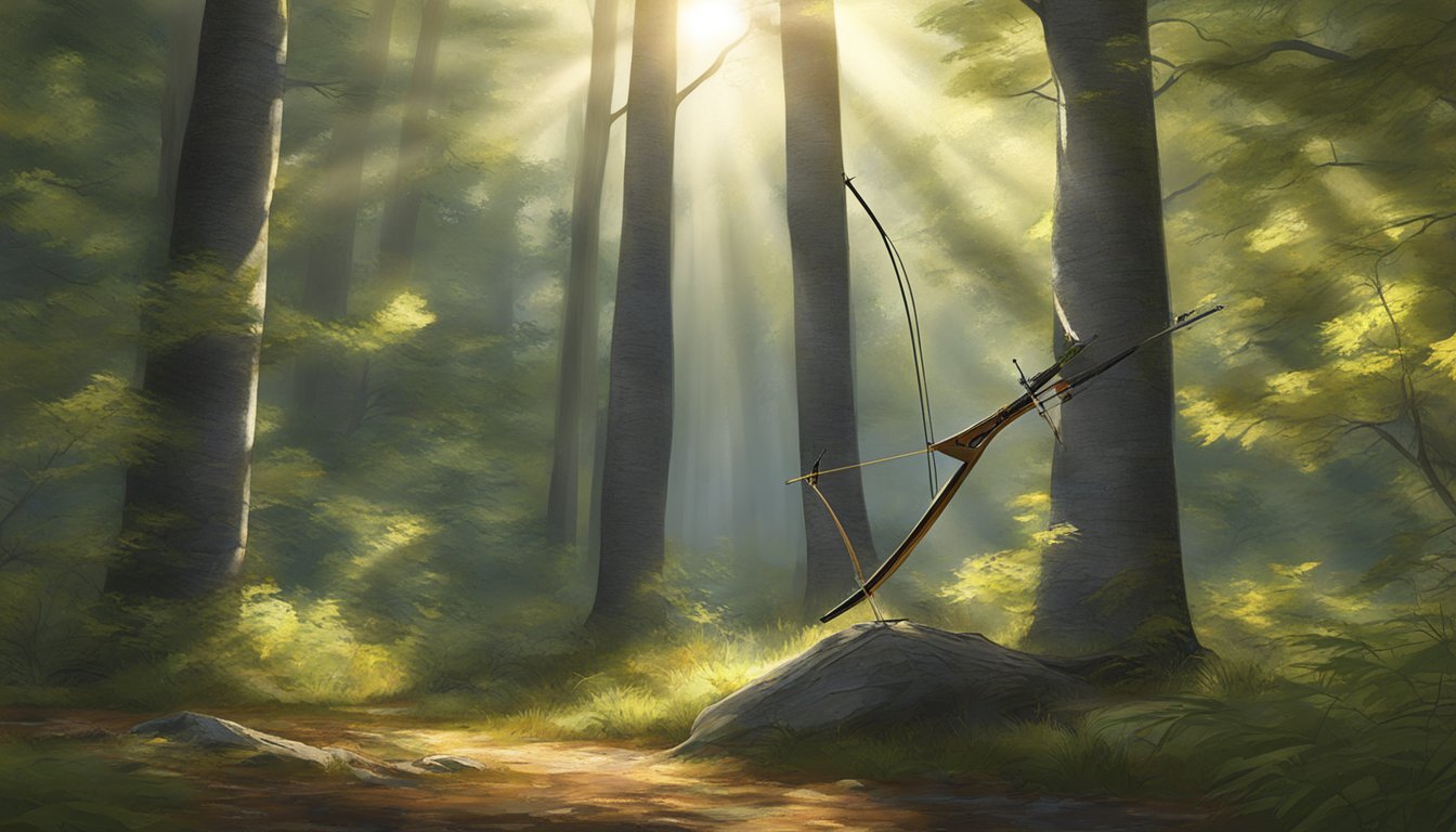 A hunter's bow and arrows resting against a tree in a Vermont forest, with the early morning sunlight filtering through the foliage