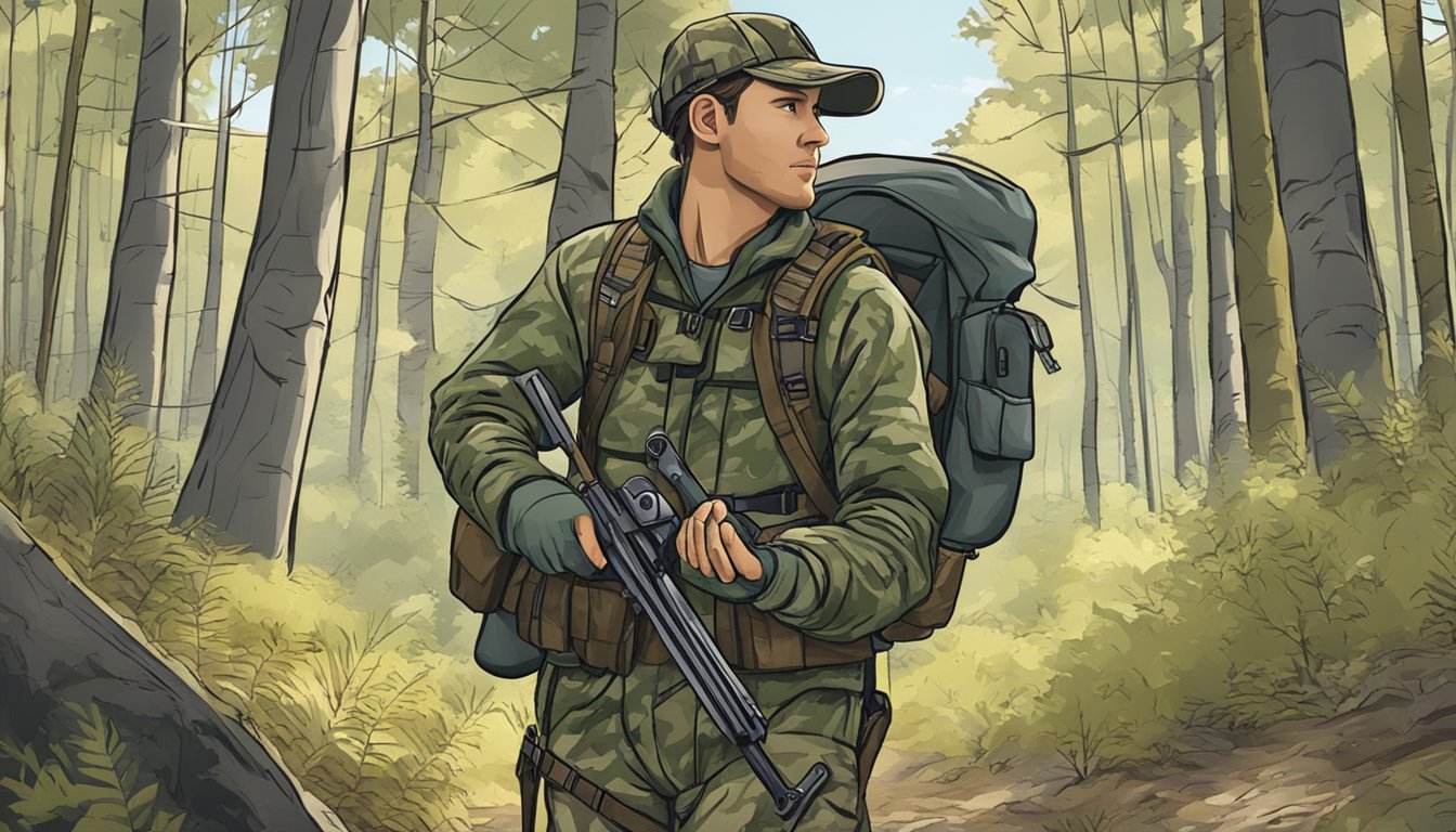 A hunter in camouflage stands in a forest clearing, bow in hand. A safety harness is visible, and a "Hunting Education and Safety" sign is posted nearby