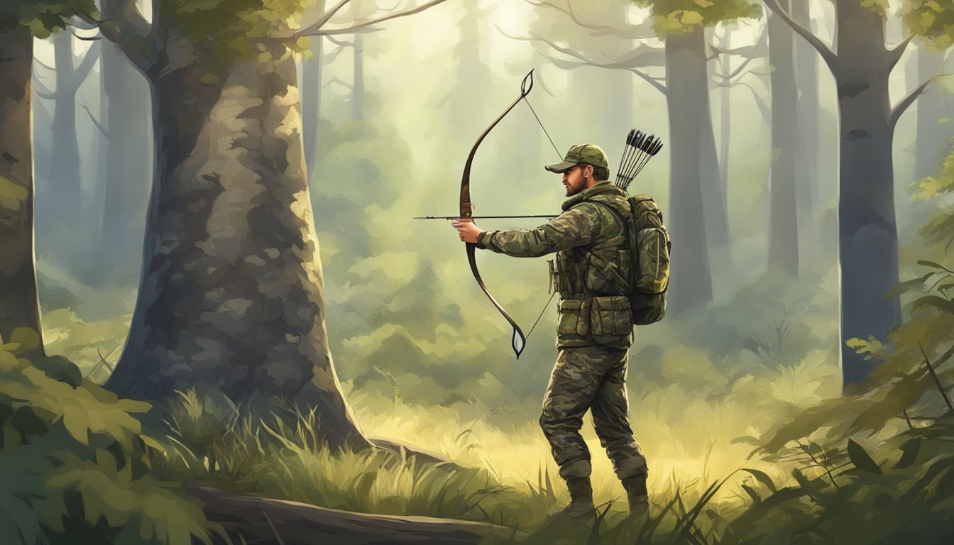 A hunter in camouflage, standing in a forest clearing with a bow and arrow, surrounded by trees and wildlife