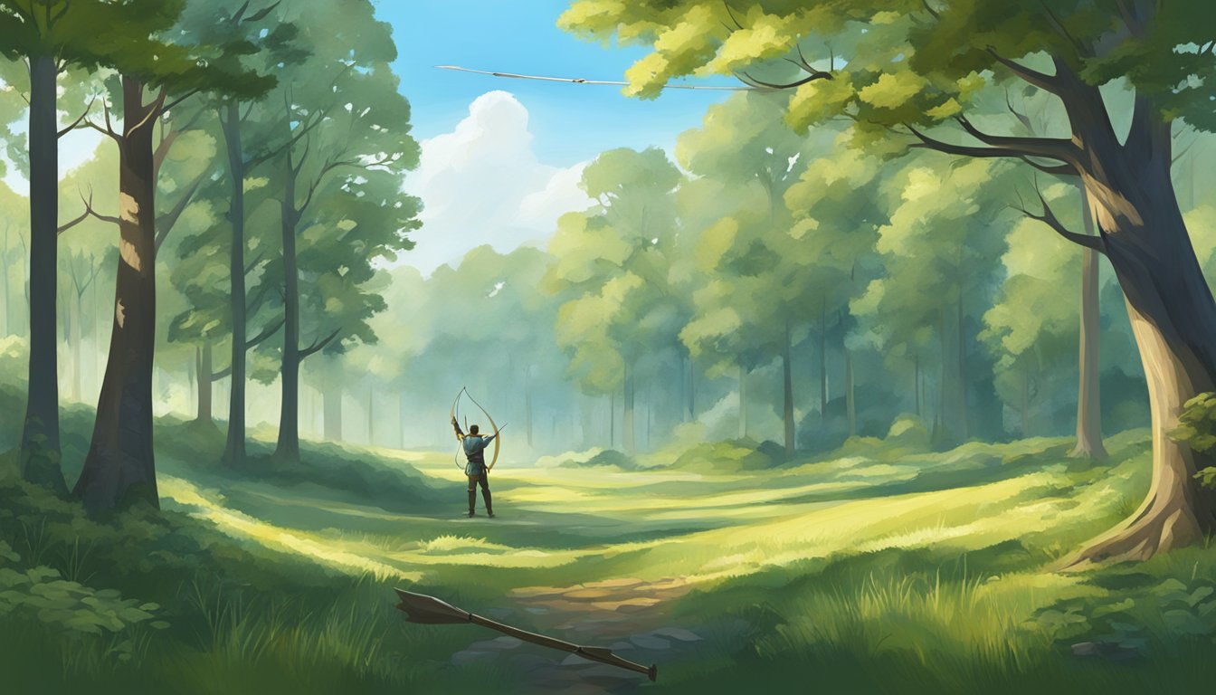 A serene forest clearing with a bow and arrow, surrounded by trees and wildlife, under a clear blue sky