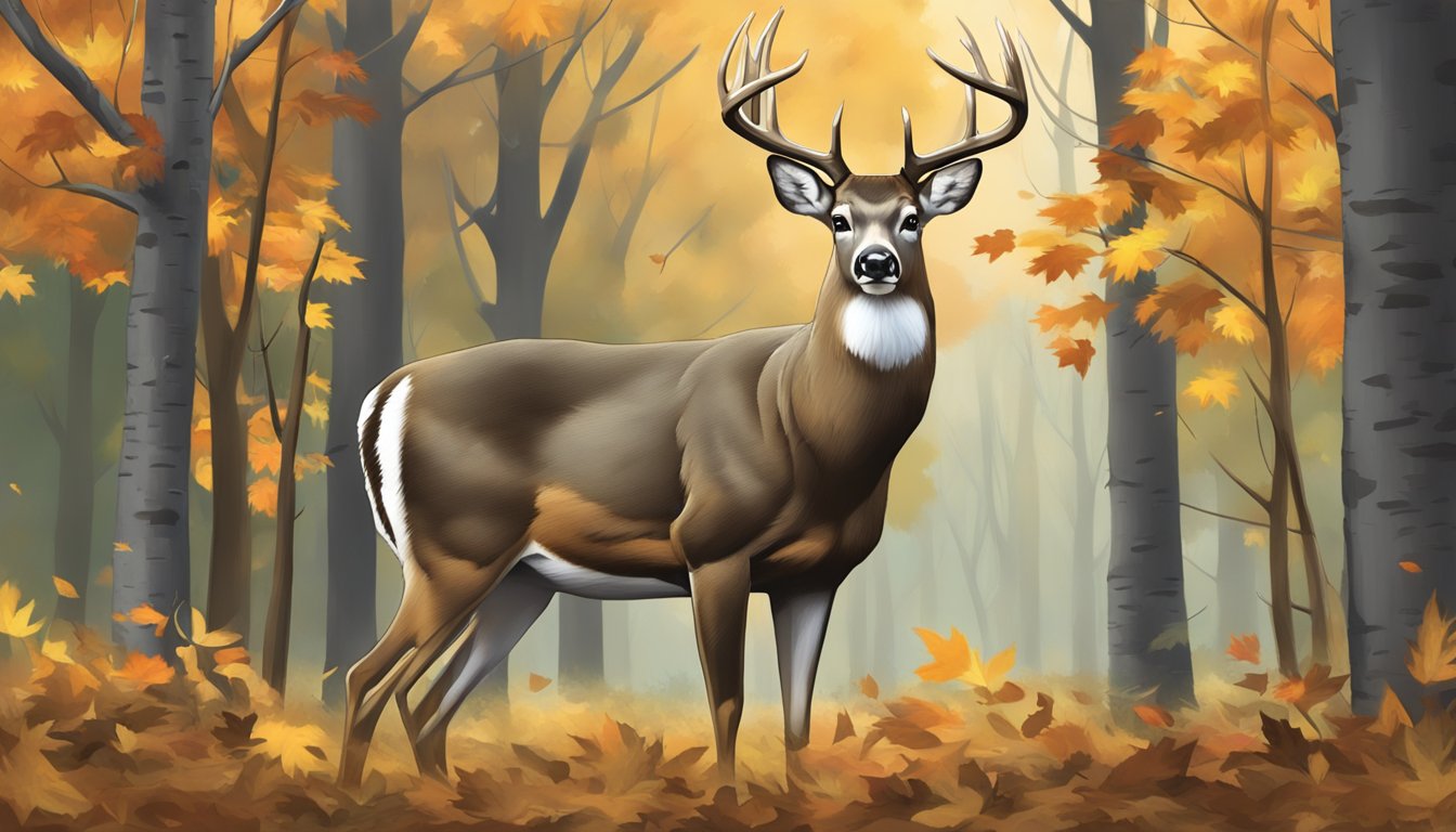 A whitetail deer stands in a wooded area during bow hunting season in Pennsylvania. Fallen leaves and autumn colors surround the animal