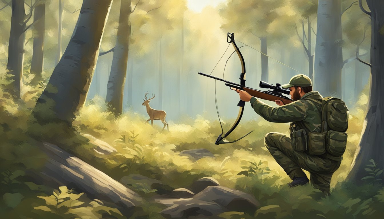 A hunter in camouflage draws back a bow, aiming at a deer in a sun-dappled forest clearing