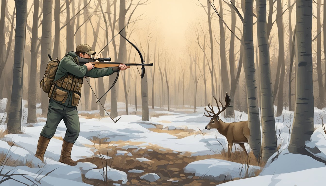 A hunter in camouflage stands in a wooded area, aiming a bow at a deer. Signs nearby indicate bag limits and season restrictions