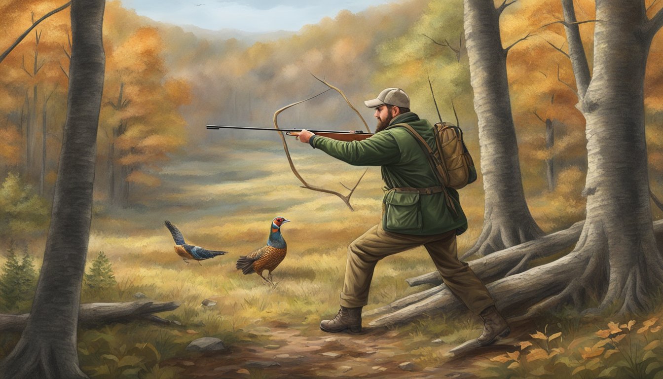 A hunter draws a bow, aiming at a pheasant in a Pennsylvania forest clearing during hunting season