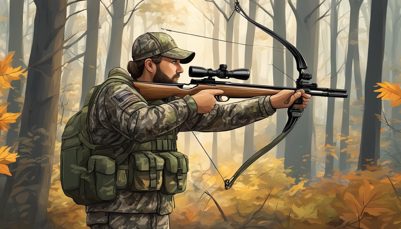 A hunter in camouflage gear draws a compound bow, aiming at a deer in a Pennsylvania forest during bow hunting season