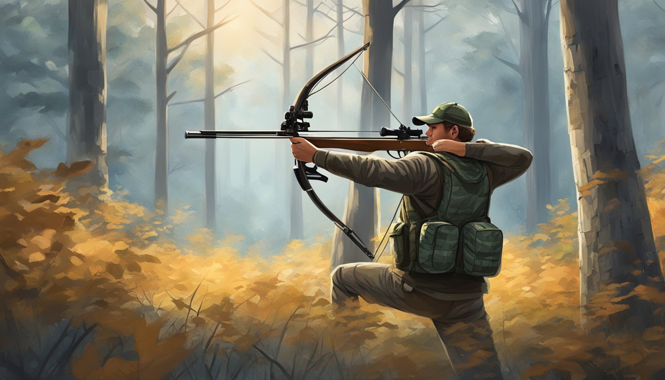 A hunter quietly draws back their bow, aiming at a deer in the dense West Virginia forest during bow hunting season