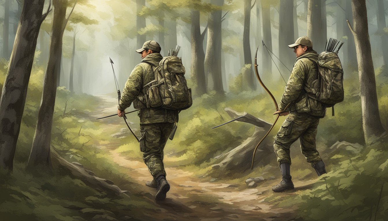 Hunters in camouflage navigating through the wooded terrain, carrying bows and arrows, with signs warning about disease management and reporting requirements