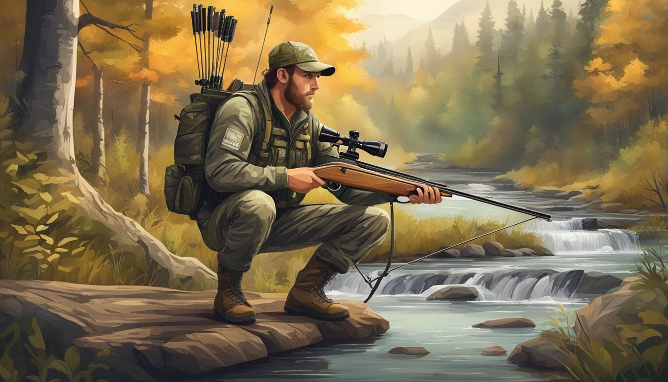 A hunter in camouflage gear holds a compound bow, surrounded by dense forest and a clear stream. Various hunting licenses and stamps are displayed on a wooden table