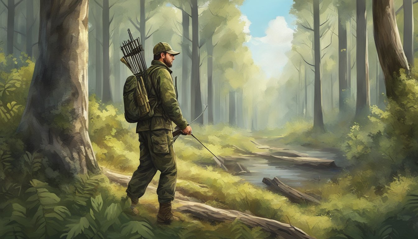 A forest clearing with a bow hunter in camouflage, surrounded by trees and wildlife