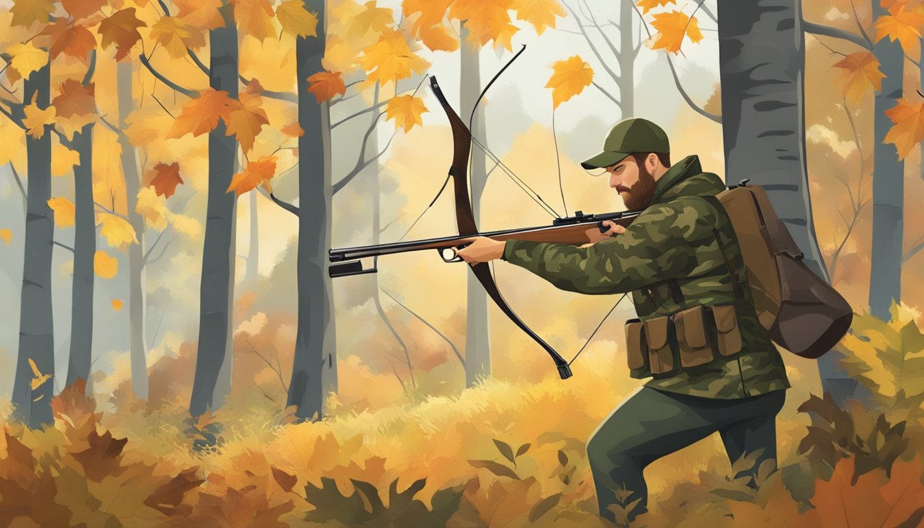 A hunter in camouflage draws back a bow in a forest clearing, surrounded by autumn foliage