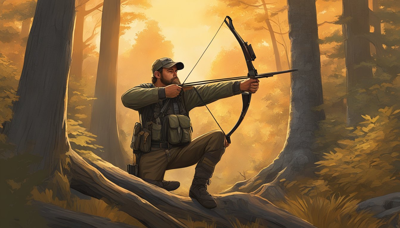 A hunter silently draws back their bow in a dense West Virginia forest, eyes focused on a distant target. The surrounding trees are bathed in the warm glow of the setting sun, creating a peaceful yet tense atmosphere