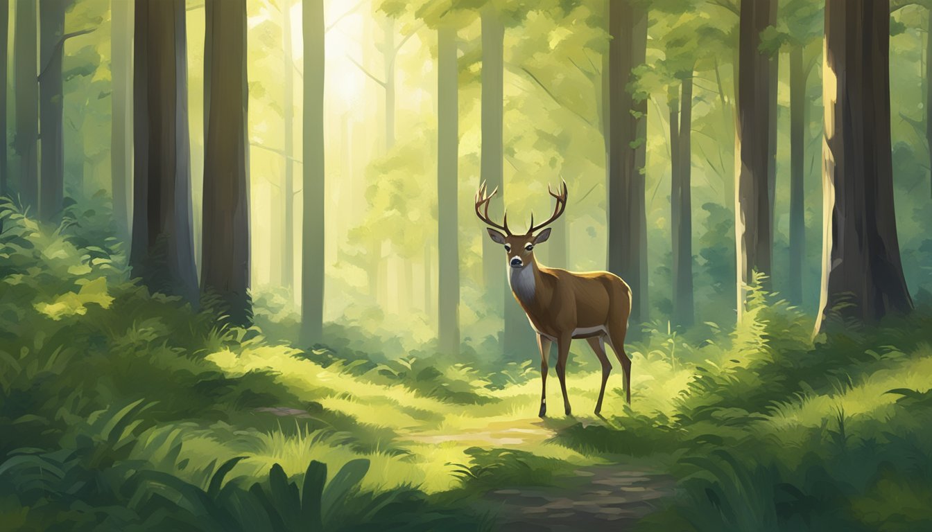 A lush forest clearing with a deer grazing peacefully, surrounded by tall trees and dappled sunlight