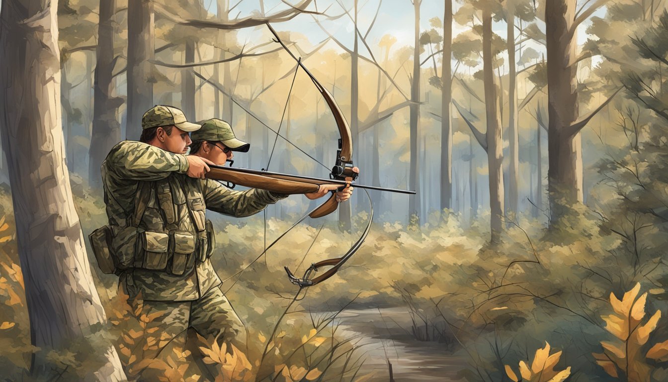 A hunter in camouflage drawing a bow, surrounded by trees and wildlife in a South Carolina Game Zone during bow hunting season