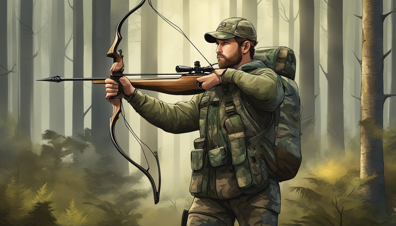 A hunter in camouflage gear with a bow and arrow, surrounded by dense forest and wildlife, with signs displaying bag limits and legal regulations