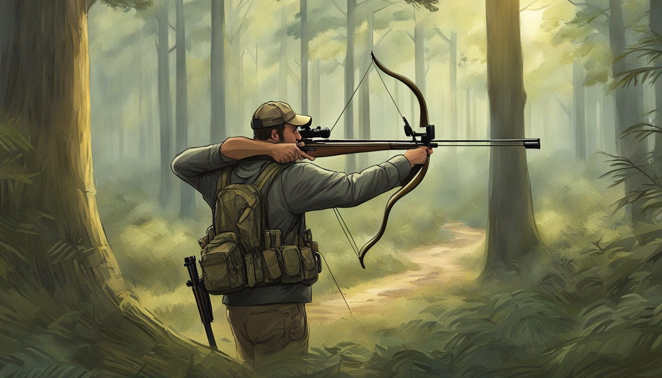 A hunter drawing back a bow in a South Carolina forest, aiming at a deer in a clearing