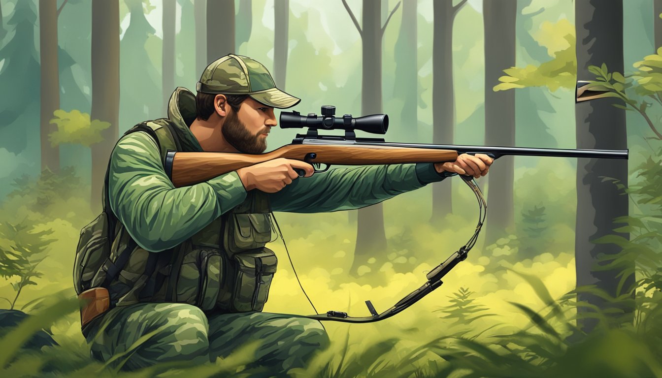 A hunter in camouflage draws back a bow, aiming at a deer in a lush forest clearing