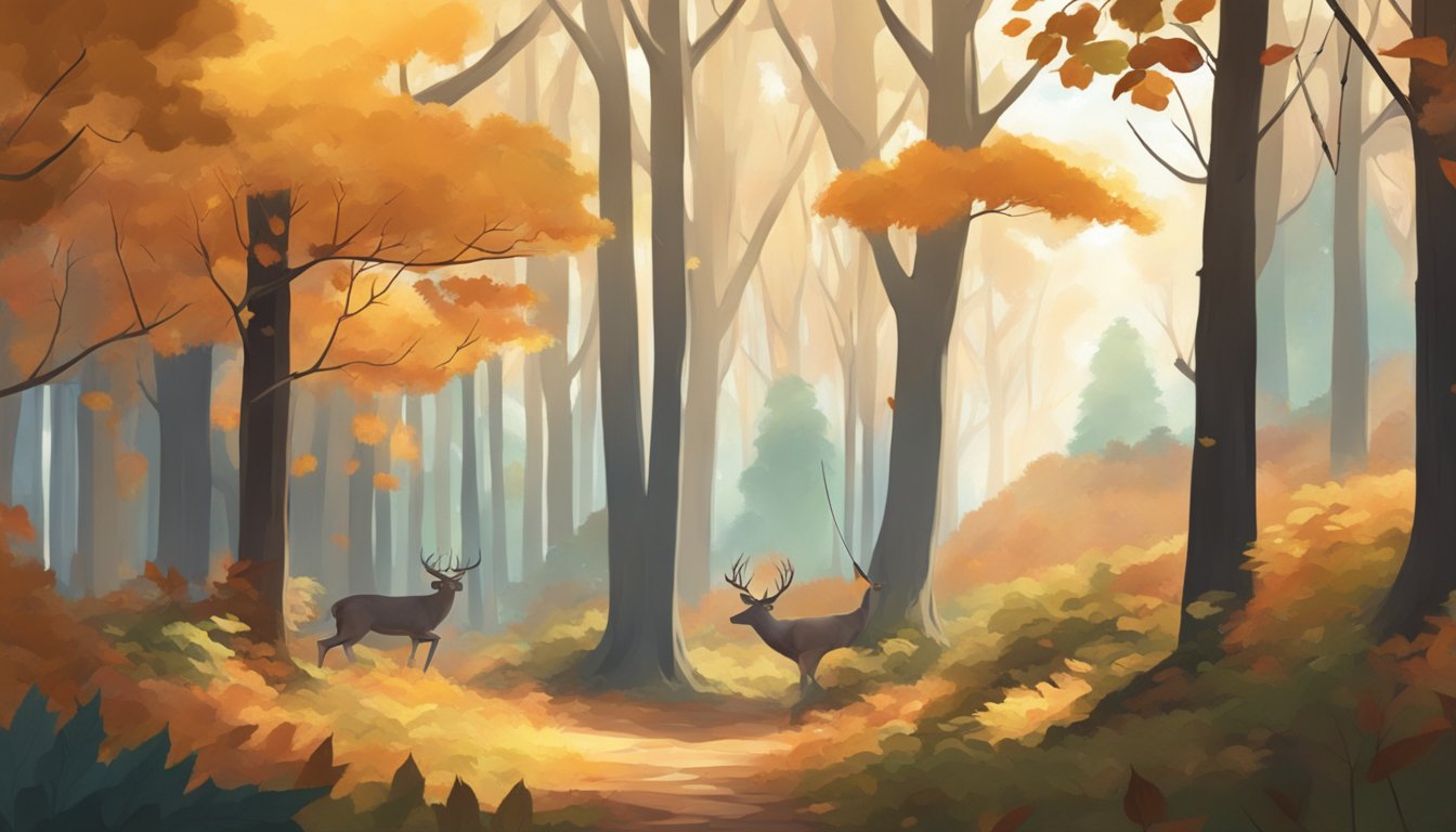 A dense forest with autumn leaves, a bow and arrow, and a deer in the distance