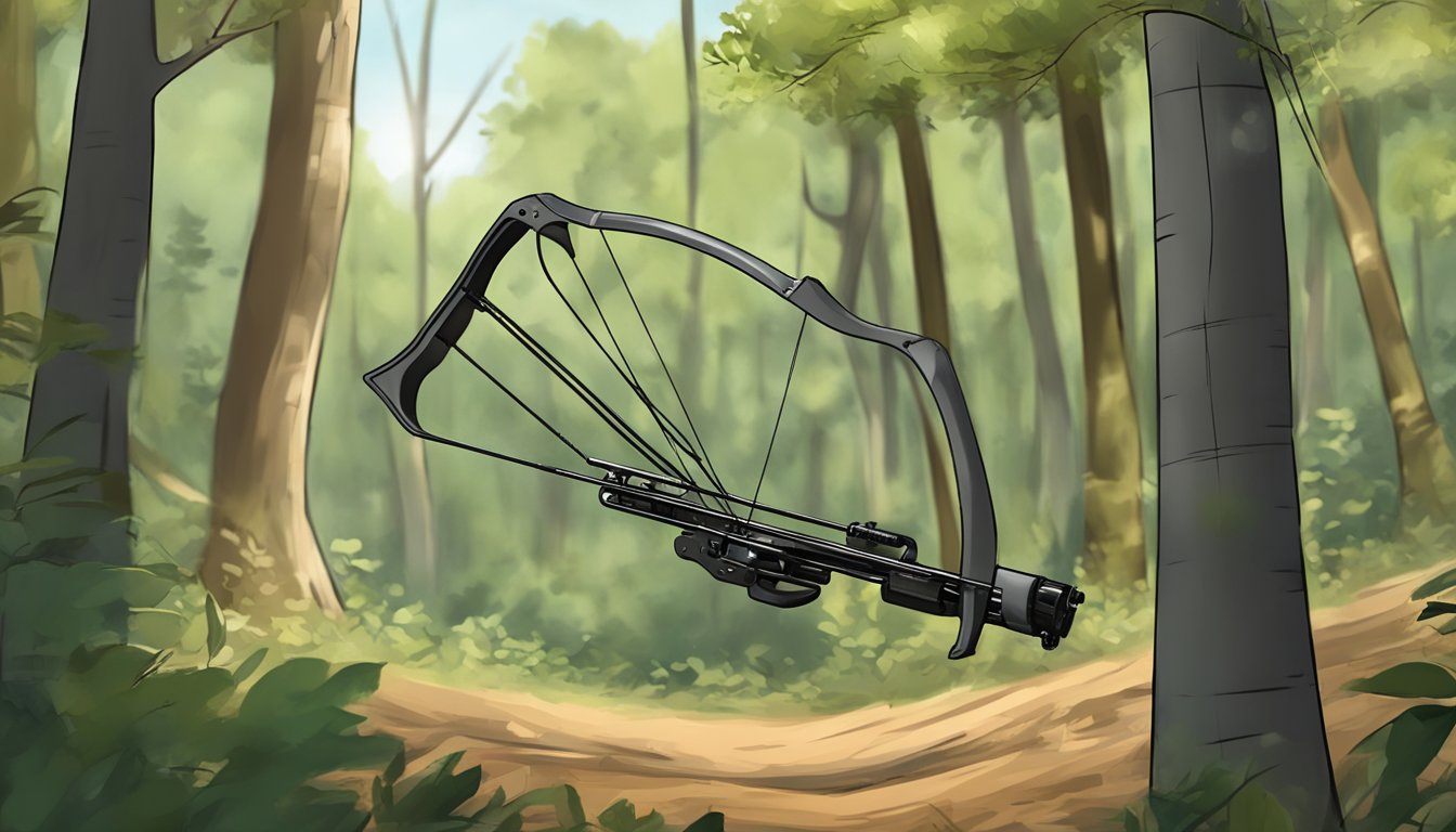 A compound bow drawn back, arrow notched, aimed at a distant target in a wooded area during bow hunting season in Texas