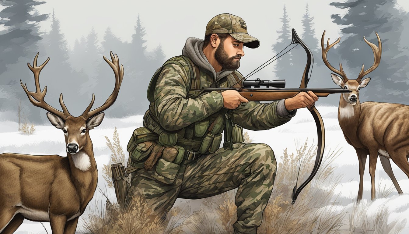 A hunter in camouflage drawing a bow, with deer and turkey in the background