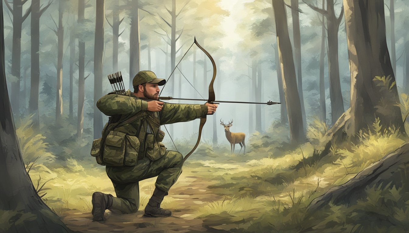 A hunter in camouflage stands in a forest clearing, drawing back a bow with an arrow aimed at a deer in the distance