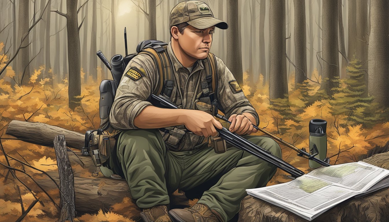 A bow hunter in Virginia checks hunting regulations and requirements before heading into the forest during hunting season