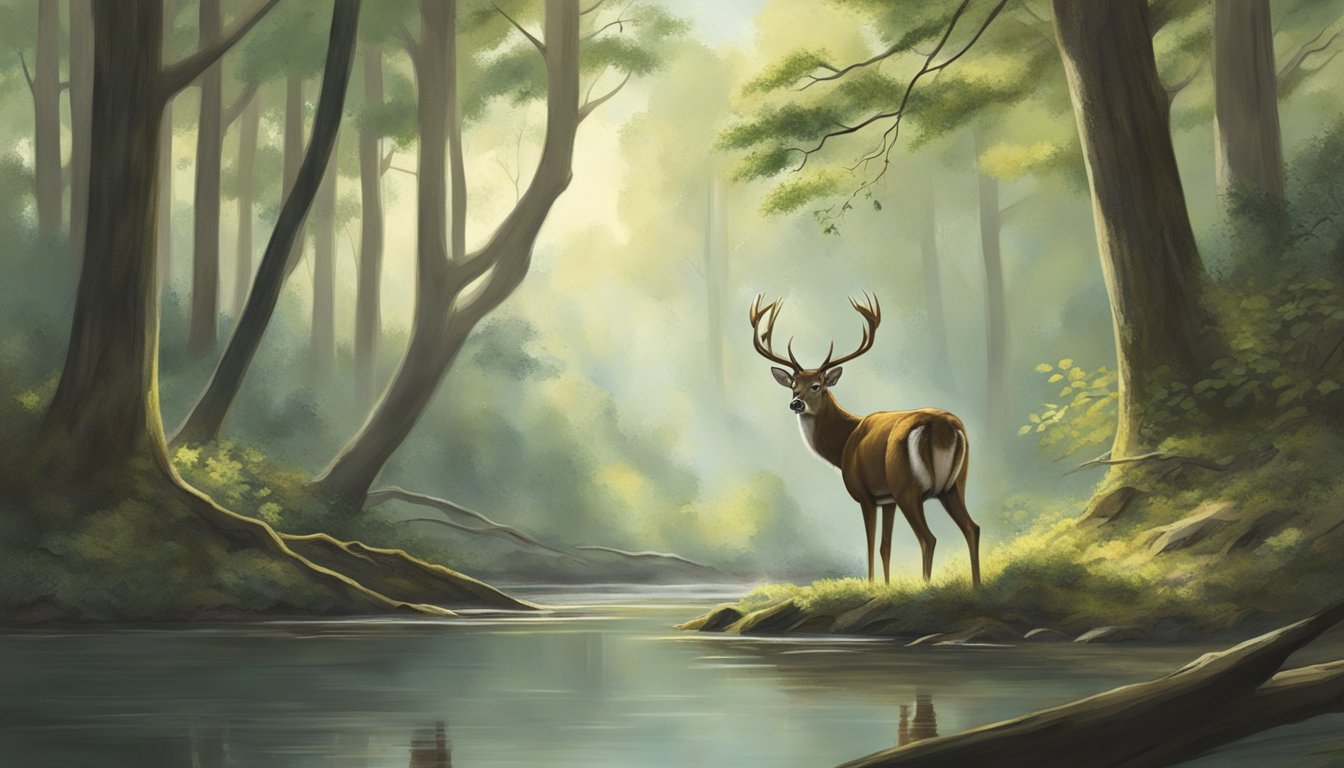 A deer cautiously approaches a watering hole in a lush Virginia forest, while a hunter waits silently in a tree stand, bow at the ready