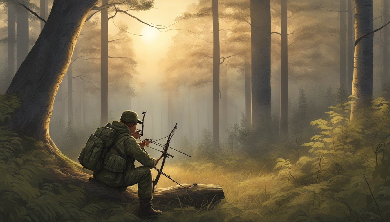 A forest clearing at dawn, with a bow hunter in camouflage gear, waiting quietly for game to appear