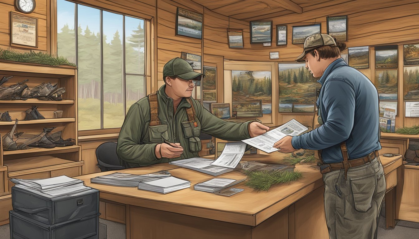 A hunter purchasing licenses and authorizations for bow hunting in a Wisconsin sales office