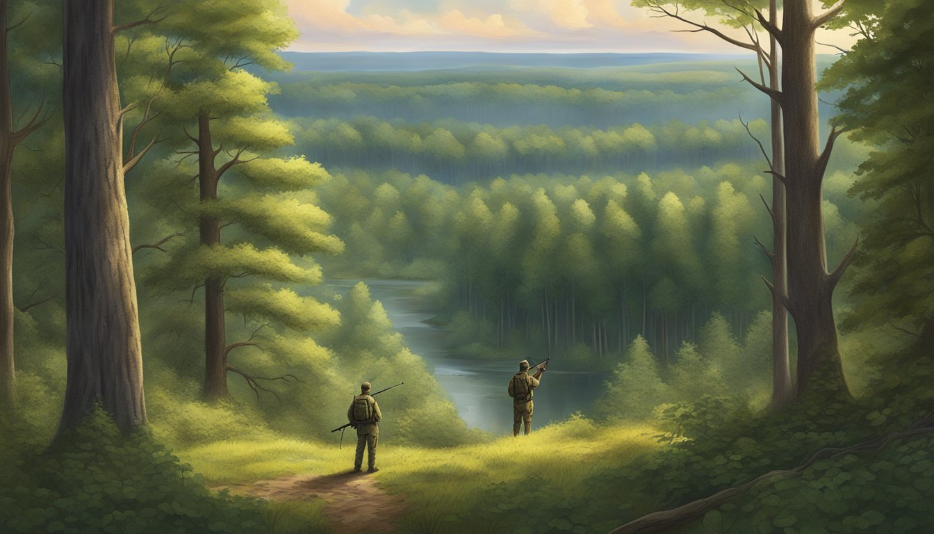 A serene forest clearing with a bow hunter quietly observing the wildlife in the distance, surrounded by the lush greenery of public lands in Wisconsin