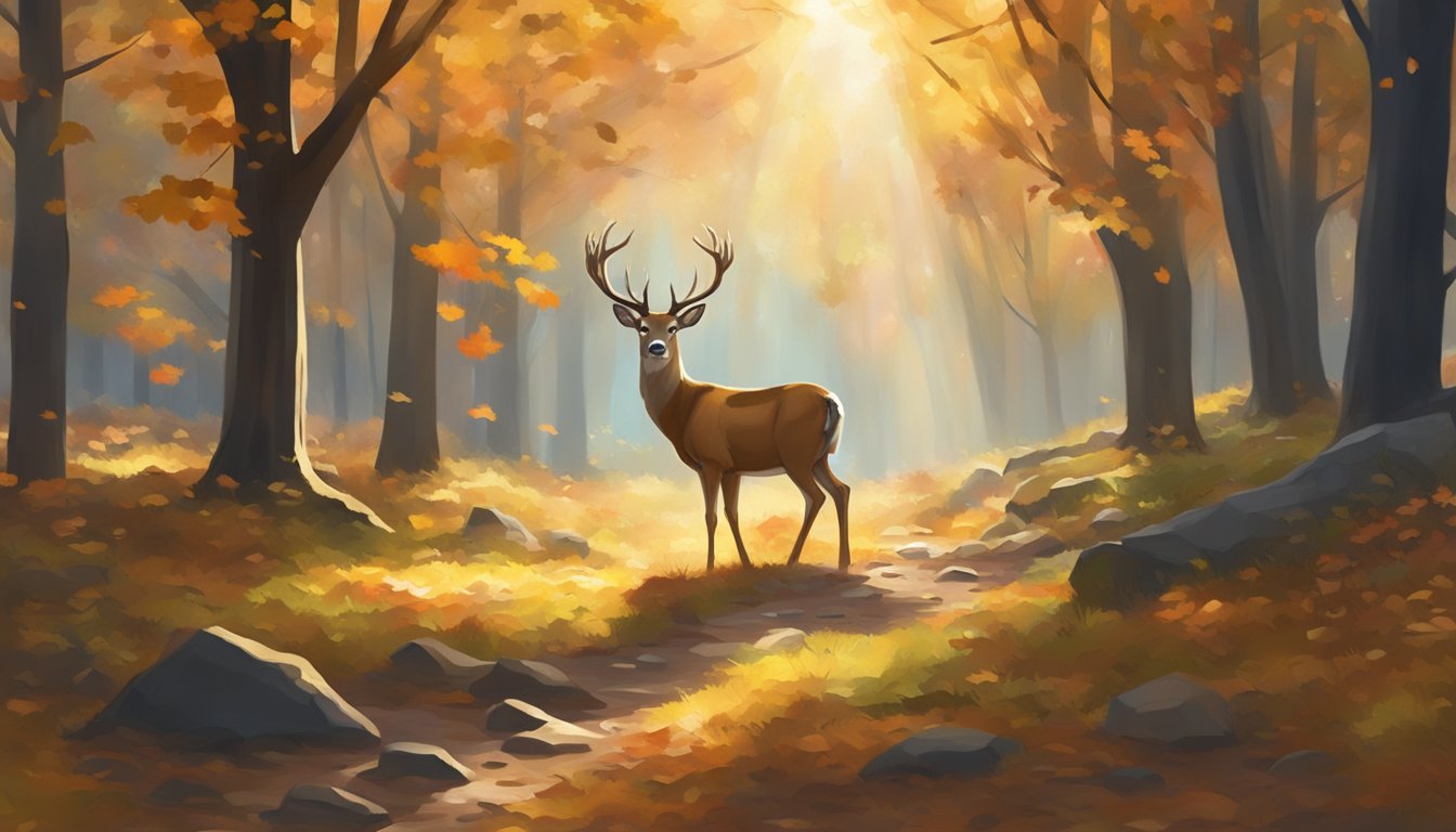 A deer grazing in a forest clearing, surrounded by autumn foliage and dappled sunlight filtering through the trees