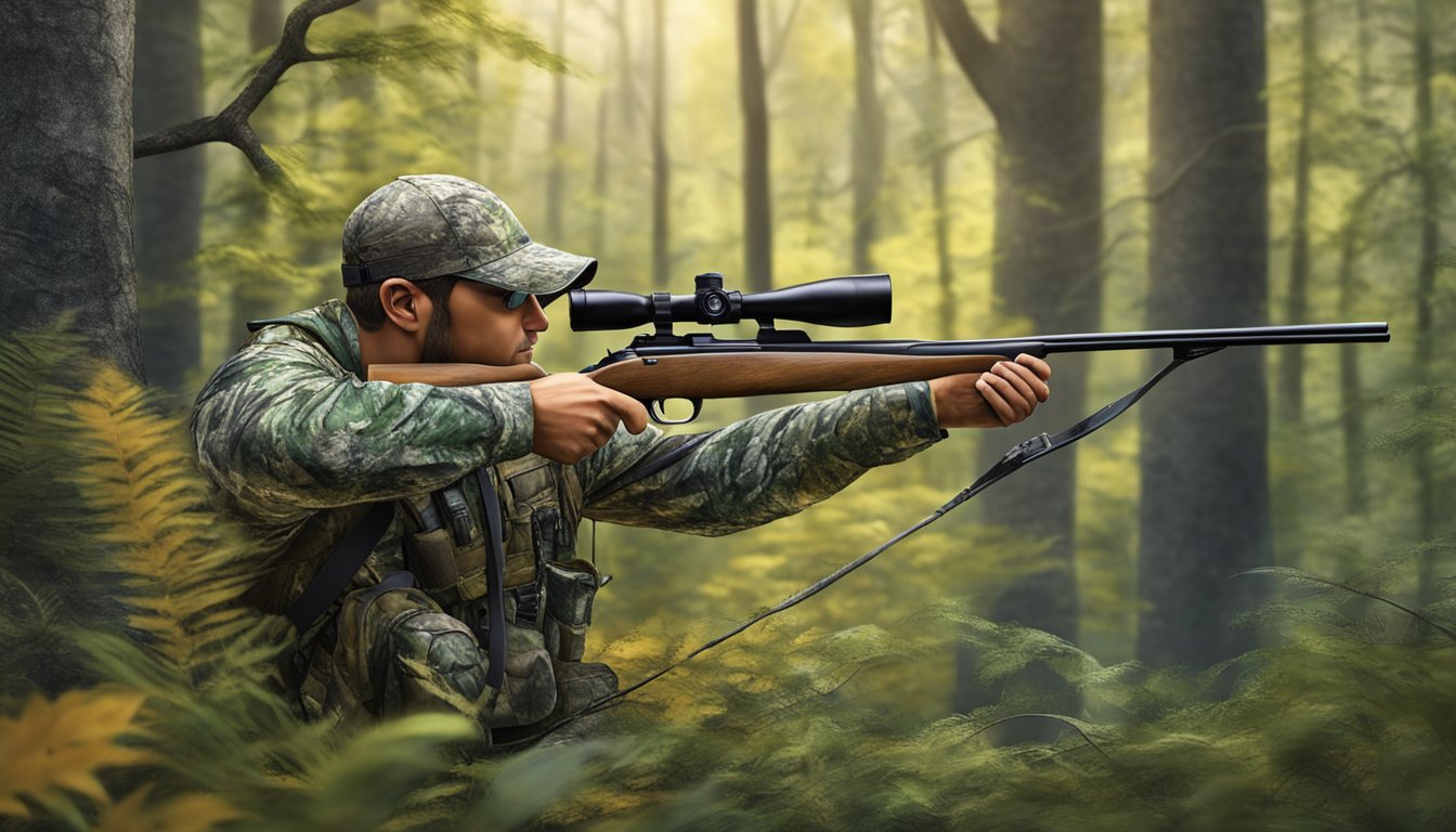 A hunter in camouflage draws back a bow, aiming at a deer in a lush Wisconsin forest during bow hunting season