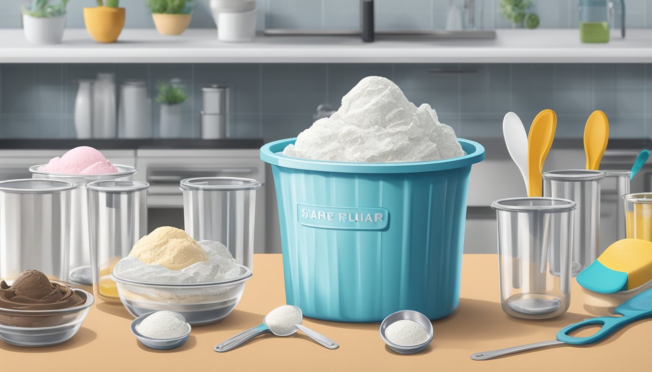 A container of ice cream mix sits on a kitchen counter, surrounded by various measuring cups and utensils. The mix appears fresh and ready to be used