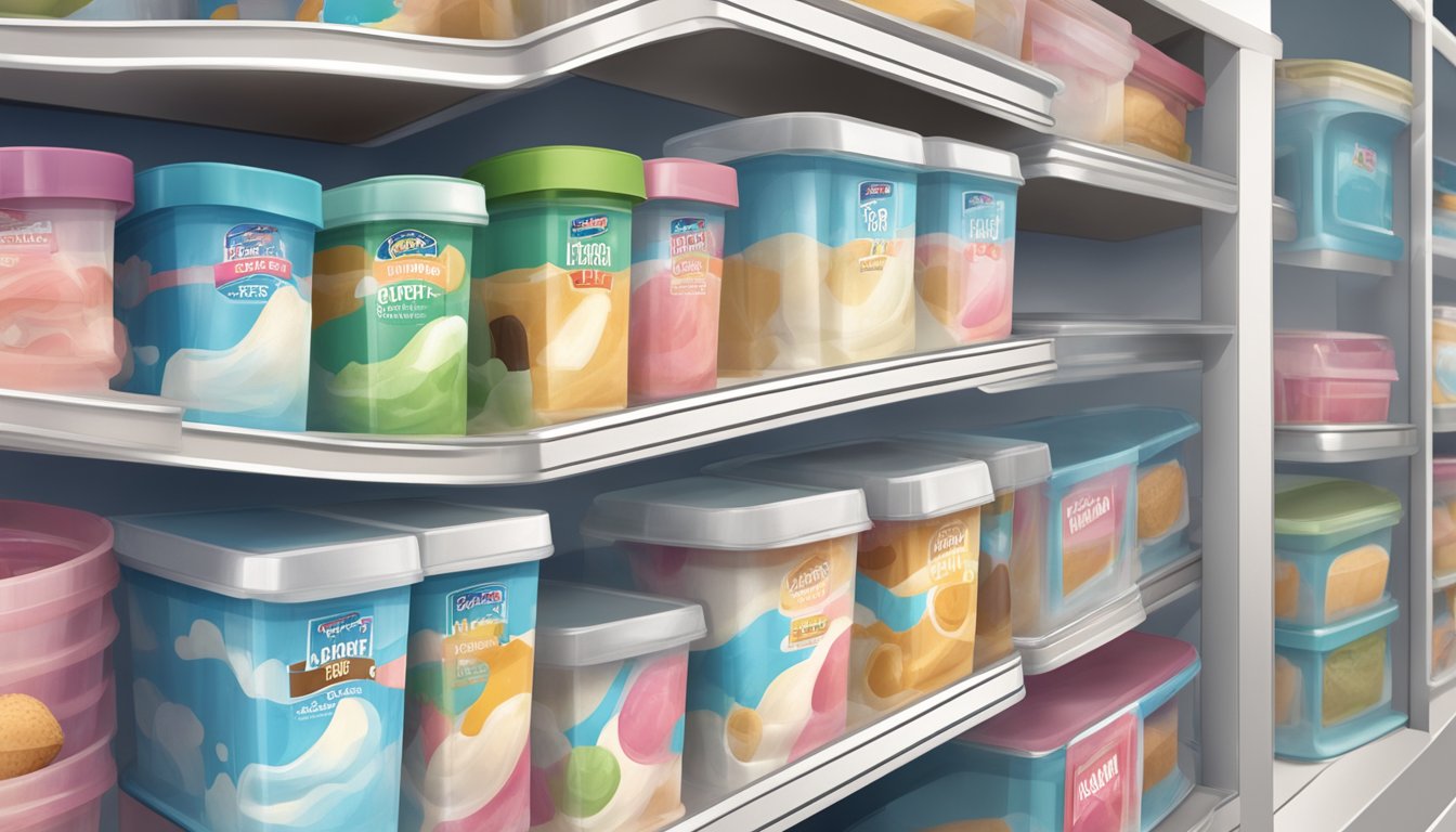 A sealed container of ice cream mix sits on a shelf, with a label indicating the expiration date. The surroundings are clean and organized, with no signs of spoilage