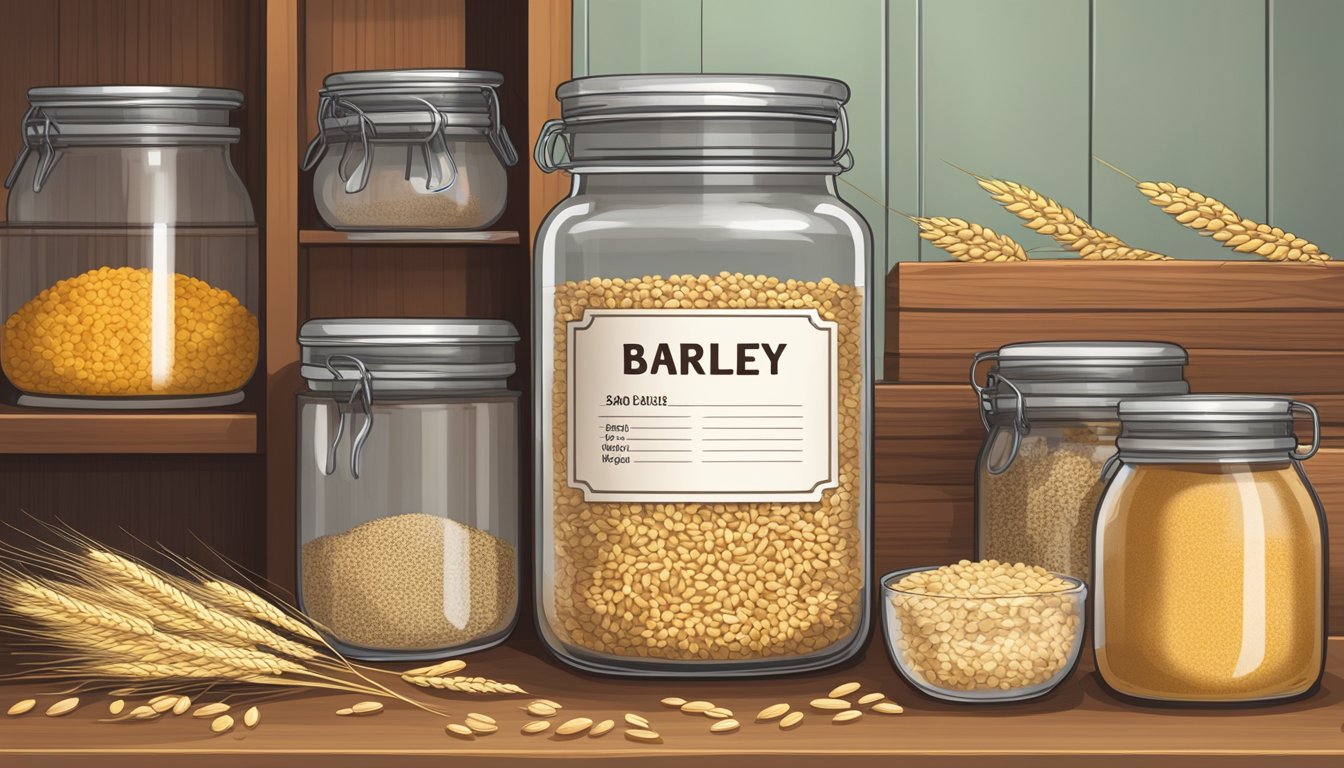 A glass jar filled with hulled barley sits on a kitchen shelf, surrounded by other grains and ingredients. The label indicates the date of purchase