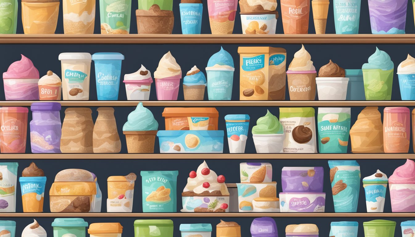 A carton of ice cream mix sits on a kitchen shelf, surrounded by various expiration dates on other food items