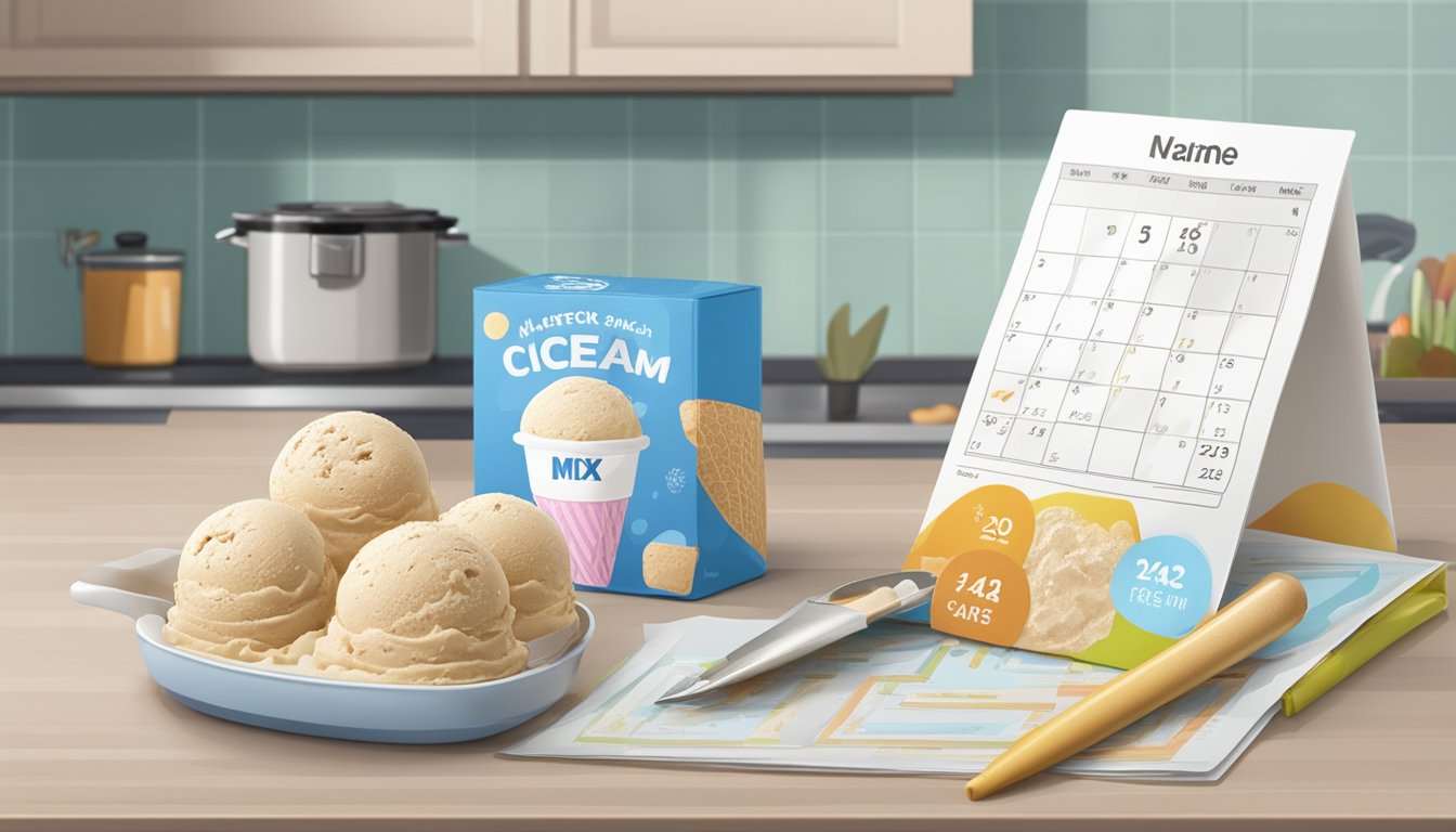 A carton of ice cream mix sits on a kitchen counter next to a calendar, with the date marked a few days before the expiration