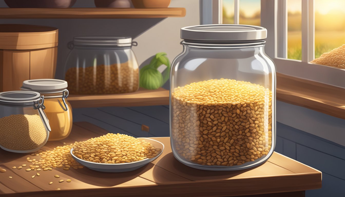 A glass jar filled with hulled barley sits on a wooden shelf, surrounded by other pantry items. The sunlight streams in through a nearby window, casting a warm glow on the grains