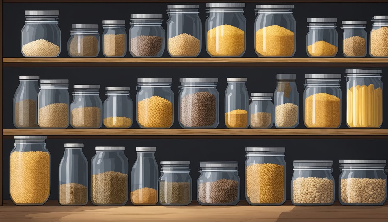 A glass jar filled with hulled barley sits on a shelf in a cool, dark pantry, away from direct sunlight and moisture