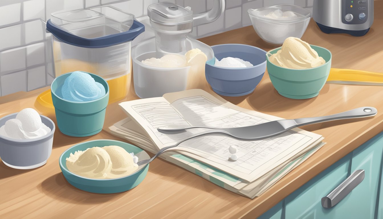 A carton of ice cream mix sits on a kitchen counter, surrounded by measuring cups, a whisk, and a recipe book. The mix is partially used, with a spoon resting on the edge of the carton