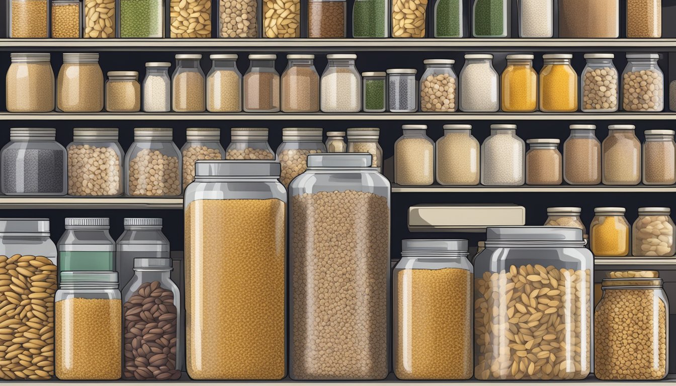 A sealed container of hulled barley sits on a shelf, surrounded by other dry goods. The container is labeled with the date of purchase