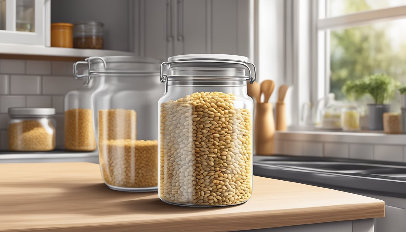 A glass jar filled with hulled barley, sealed with a lid, sitting on a kitchen shelf