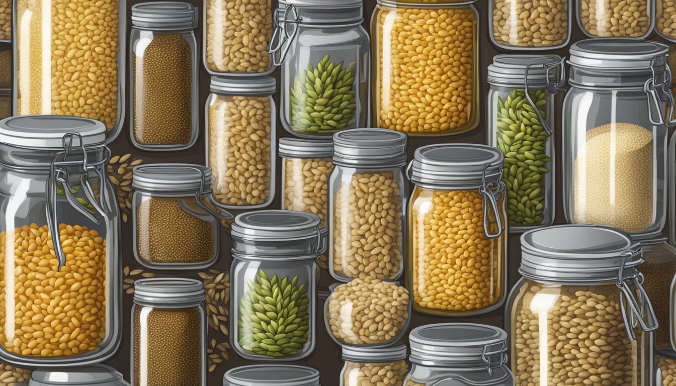 A sealed glass jar of hulled barley on a pantry shelf, surrounded by other dry goods