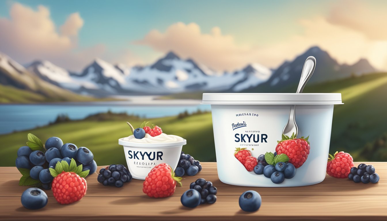 A container of Icelandic Provisions Skyr sits on a wooden table, surrounded by fresh berries and a spoon. The label on the container indicates the expiration date