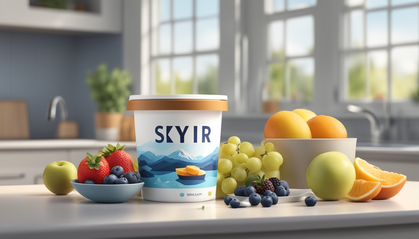 A container of Icelandic Provisions Skyr sits unopened on a clean, well-lit kitchen counter, surrounded by fresh fruits and a spoon