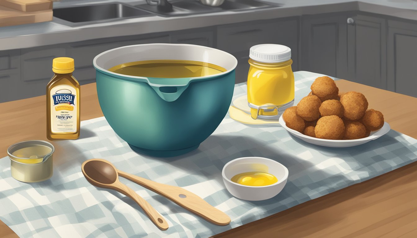 A bag of hush puppy mix sits on a kitchen counter, surrounded by a measuring cup, spoon, and open container of oil