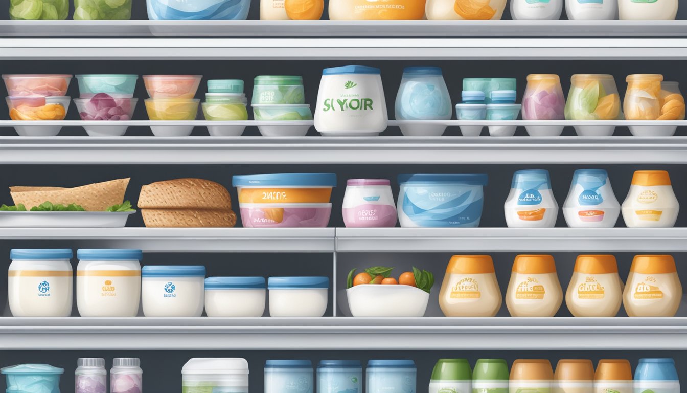 A refrigerator with a neatly organized shelf containing containers of Icelandic Provisions Skyr, with the expiration date clearly visible on each lid