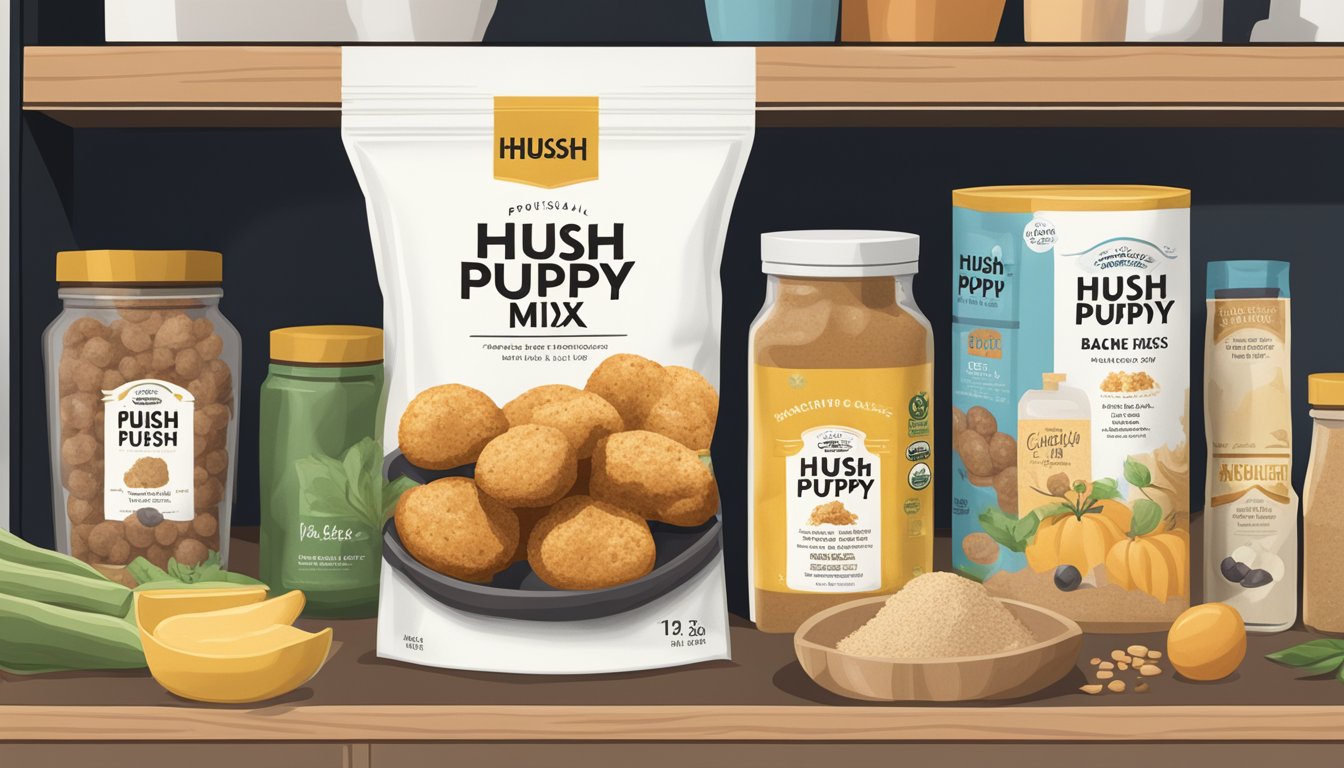 A bag of hush puppy mix sits on a pantry shelf, surrounded by other baking ingredients. The packaging is clean and unopened, with a clear expiration date visible