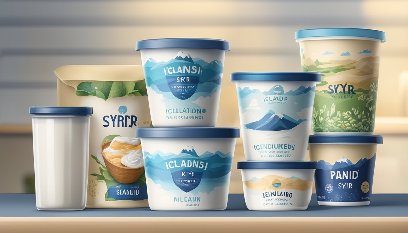 A tub of Icelandic Provisions Skyr sits on a shelf, surrounded by other dairy products. The expiration date is clearly printed on the packaging